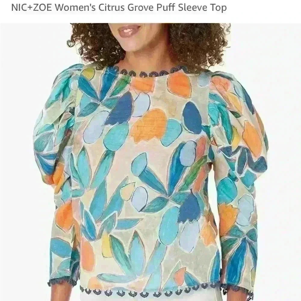 NWT NIC + ZOE Citrus Grove Puff Sleeve Top.